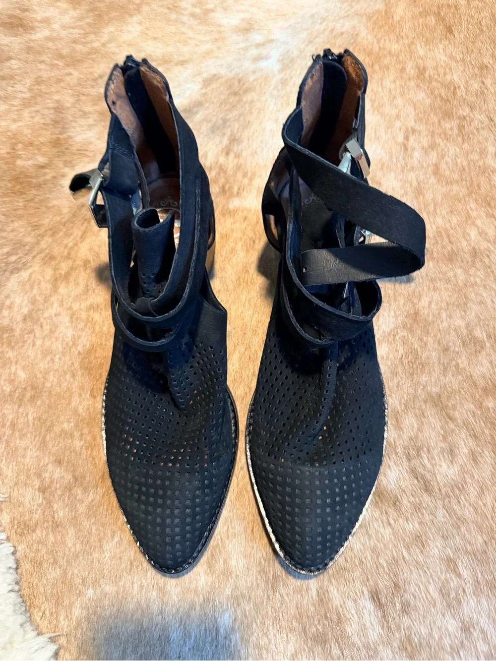 Jeffrey Campbell Black Perforated Suede Ankle Booties with Buckle Straps